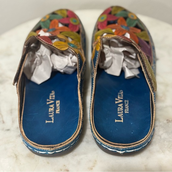 Laura Vita Mules Billy 52 Turquoise Leather Shoes Floral Size 9 Women’s - Picture 10 of 12